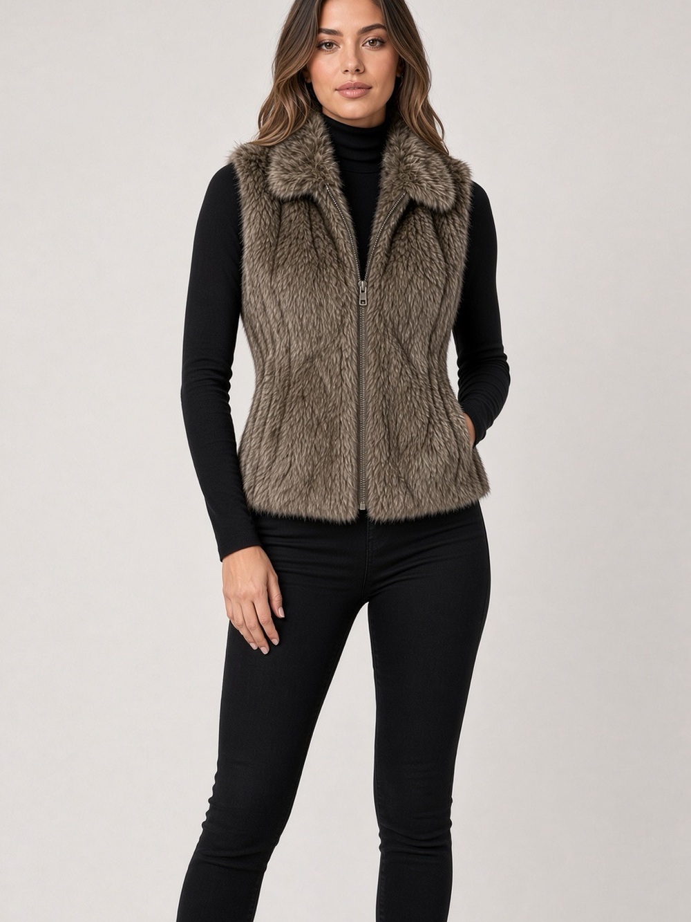 Banana Republic Faux Fur Zip-Front Vest - Taupe